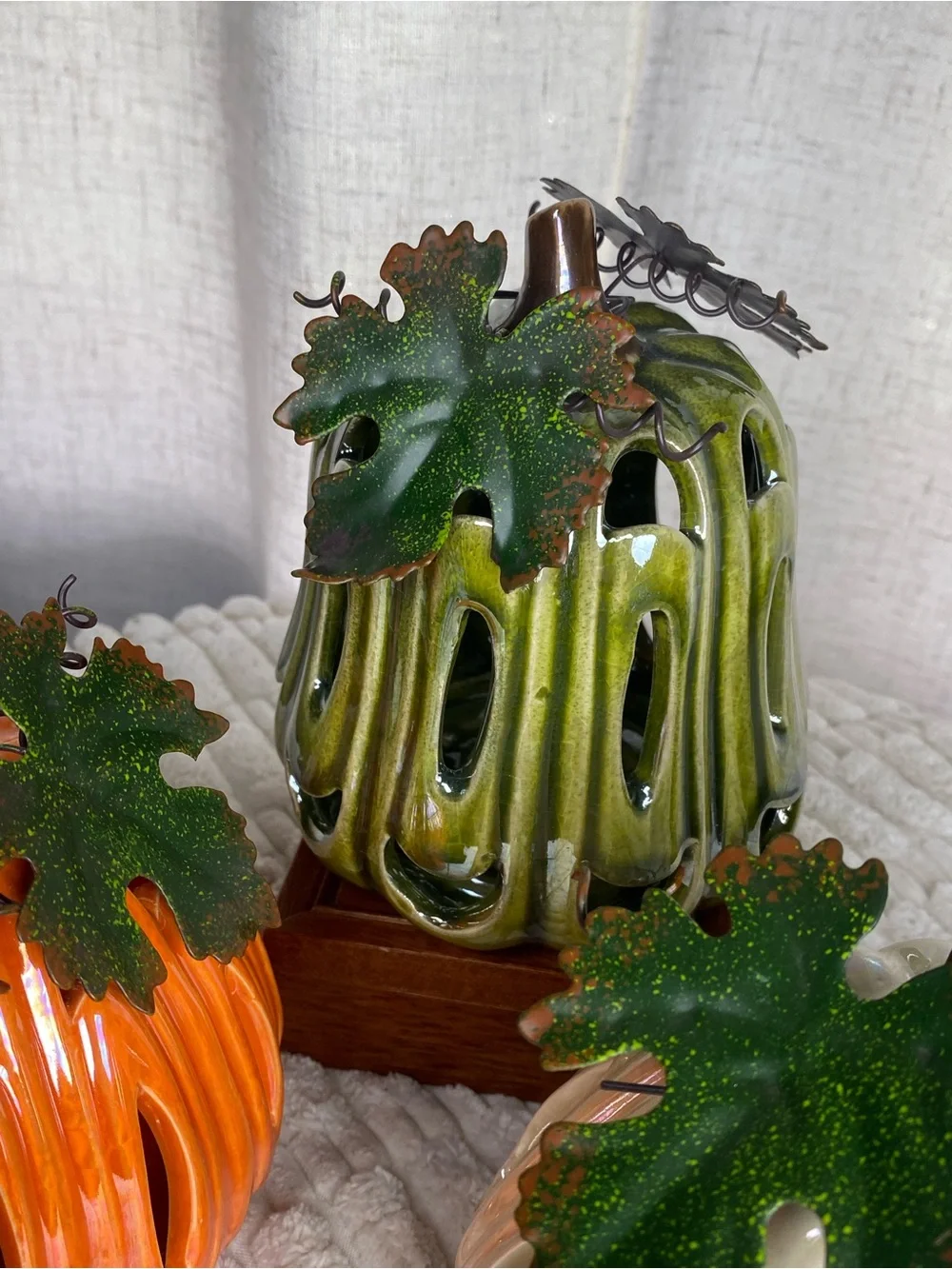 Vintage Iridescent Ceramic Pumpkin Luminary Set 3 Light Up Fall